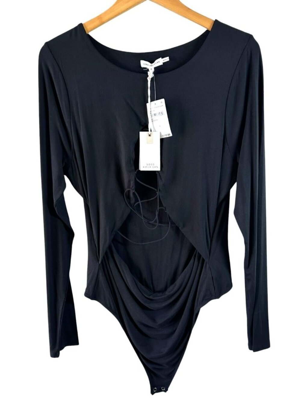 Good American Black Lace-Up Front Bodysuit Stretch Jersey Long Sleeve Size 5 NWT